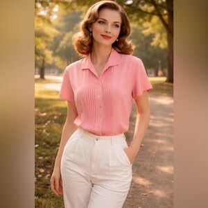 Laura Scott Short Sleeve Blouse V-Neck Vertical Pintuck Pleats Sz 10